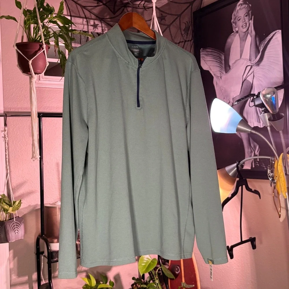 J. Crew Quarter Zip Pullover Mens XXL Sage Green Performance Textured Golf Shirt